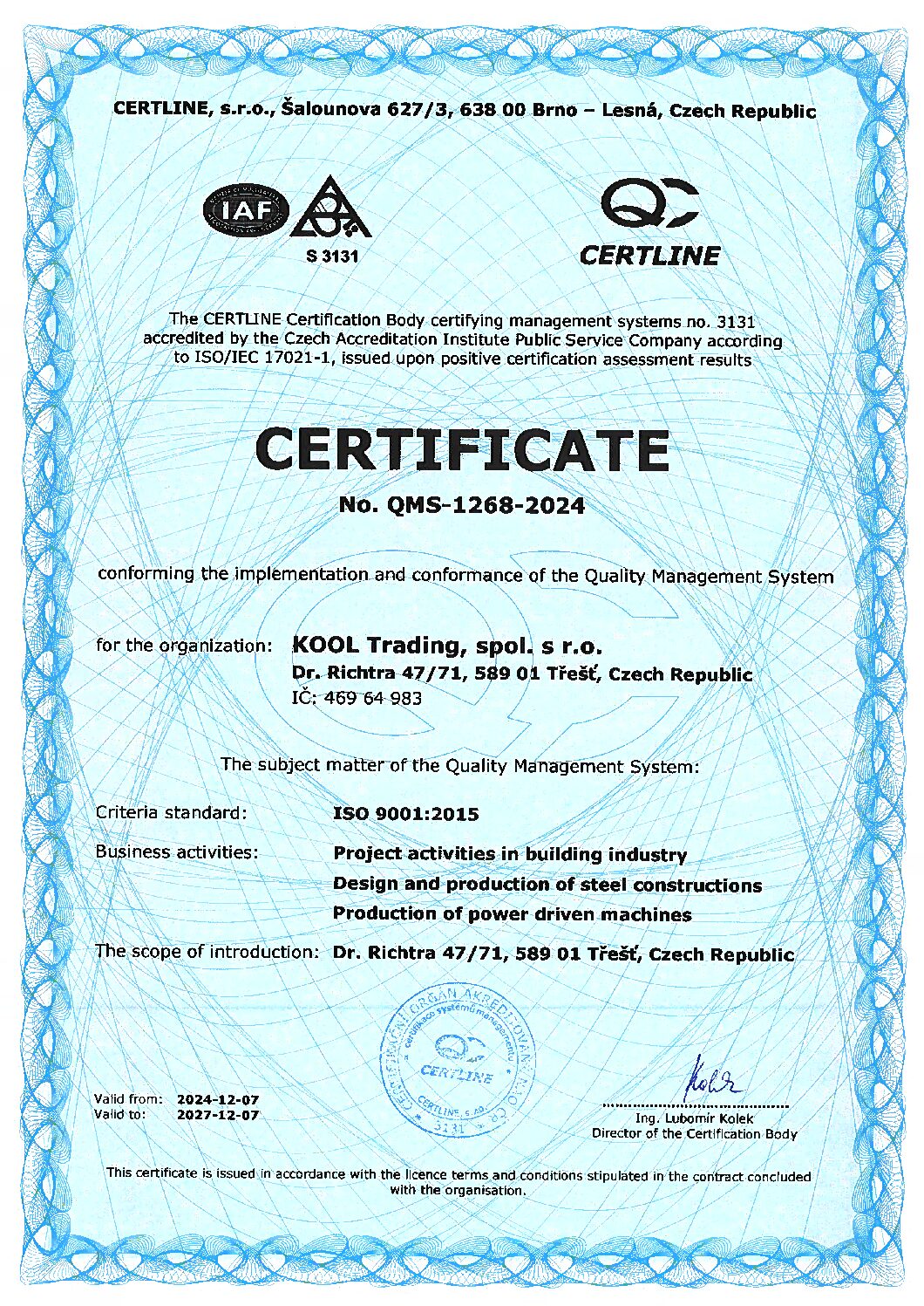 ISO ENG Certifikát platnost do 7. 12. 2027